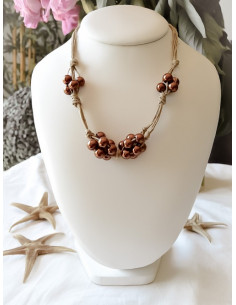 Collier en lin et perles marrons nacre ficelle de lin naturelle nature et lin création artisanale fabriqué en france