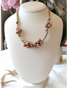 Collier en lin et perles champagnes ficelle de lin naturel nature et lin