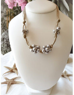 Collier en lin et perles nacrées grises bijoux en fil de lin ficelle naturelle et perles grises