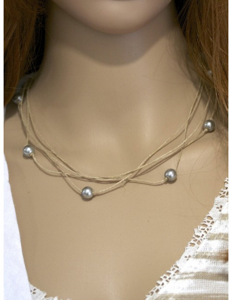 Collier en lin et perles "ÉTOILE" - Gris
