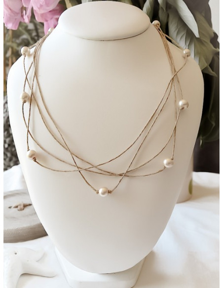 Collier en lin et perles nacrées roses poudrées "ÉTOILE" fait main