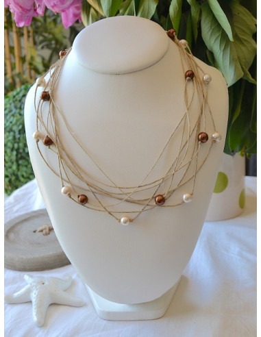 Collier en lin et perles nacrées roses poudrées "ÉTOILE" fait main