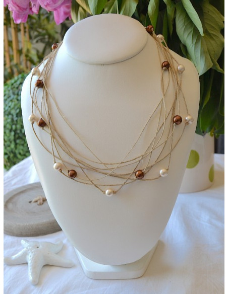 Collier en lin et perles nacrées roses poudrées "ÉTOILE" fait main