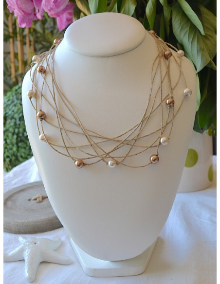 Collier en lin et perles marron champagne gamme étoile perle doré or fait main