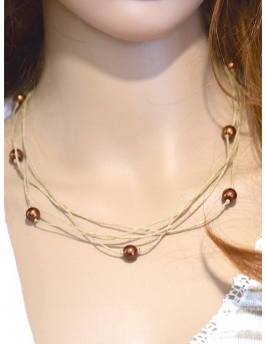 Collier en lin et perles marron "ÉTOILE" création artisanale fait main
