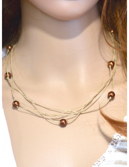 Collier en lin et perles marron "ÉTOILE" création artisanale fait main