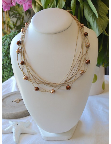 Collier en lin et perles marron "ÉTOILE" création artisanale fait main