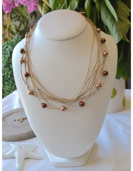 Collier en lin et perles marron "ÉTOILE" création artisanale fait main