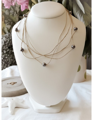Collier en lin et perles "ÉTOILE" - Gris anthracite