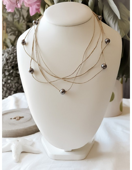 Collier en lin et perles "ÉTOILE" Gris anthracite bijoux de créateurs tendances