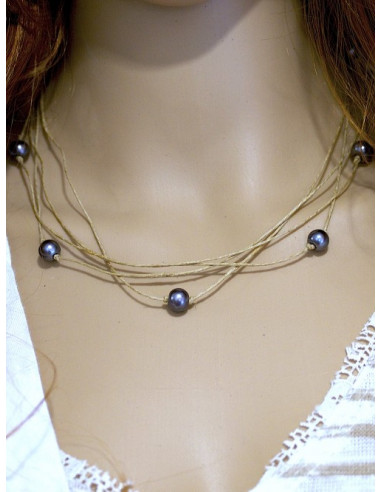 Collier en lin et perles "ÉTOILE" Gris anthracite bijoux de créateurs tendances