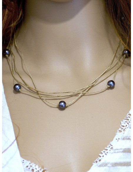 Collier en lin et perles "ÉTOILE" Gris anthracite bijoux de créateurs tendances