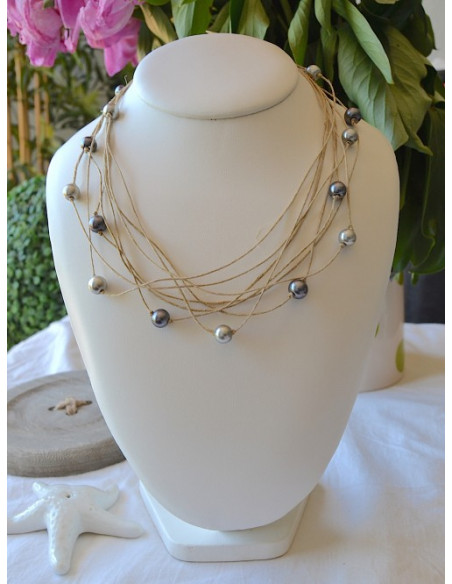 Collier en lin et perles "ÉTOILE" Gris anthracite bijoux de créateurs tendances