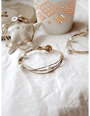 Bracelet en lin et perles "ÉTOILE"  Blanc création artisanale made in france fait main