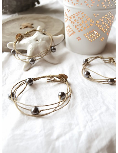 Bracelet en lin et perles "ÉTOILE" - Gris anthracite