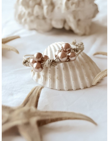 Bracelet en lin et perle "PAPILLON" - Champagne