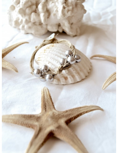 Bracelet en lin et perle "PAPILLON" grise création artisanale