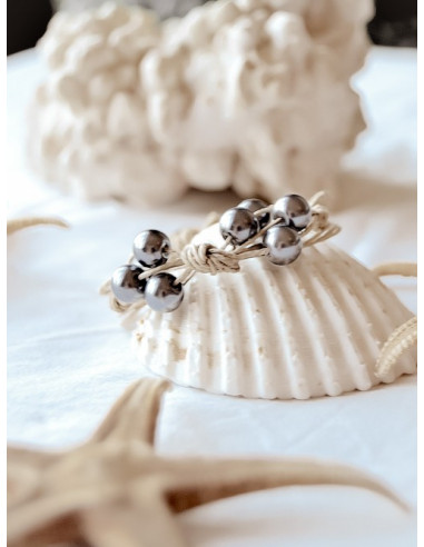 Bracelet en lin et perle "PAPILLON" - Gris anthracite