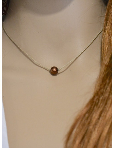 Collier en lin "UNI PERLE" - Marron
