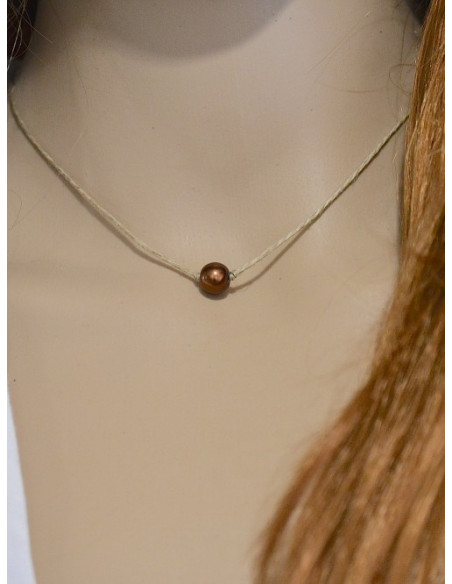 Collier en lin "UNI PERLE" - Marron