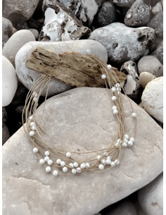 Collier en lin et perles blanches, collier en ficelle de lin et perles nacrées, bijoux en fil de lin