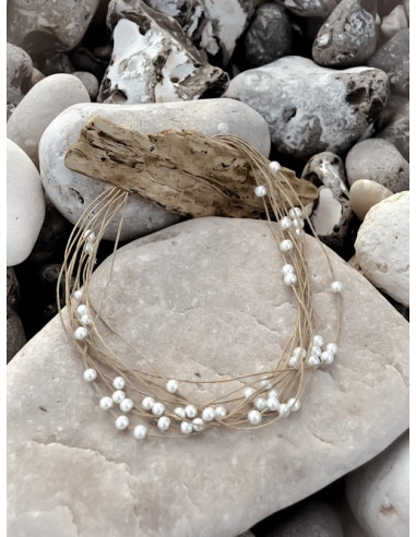 Collier en lin et perles blanches, collier en ficelle de lin et perles nacrées, bijoux en fil de lin