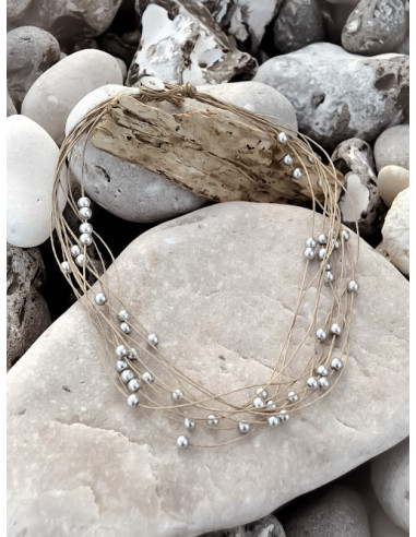 Collier en lin et perles gris argent, collier en ficelle de lin et perles nacrées, bijoux en fil de lin