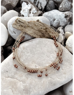 Collier en lin et perles marron foncé chocolat, collier en ficelle de lin et perles nacrées, bijoux en fil de lin