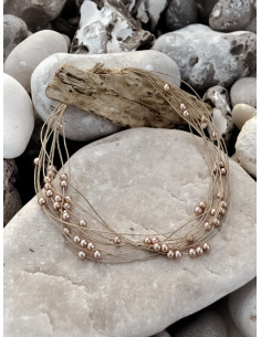 Collier en lin et perles marron cuivré clair champagne , collier en ficelle de lin et perles nacrées, bijoux en fil de lin