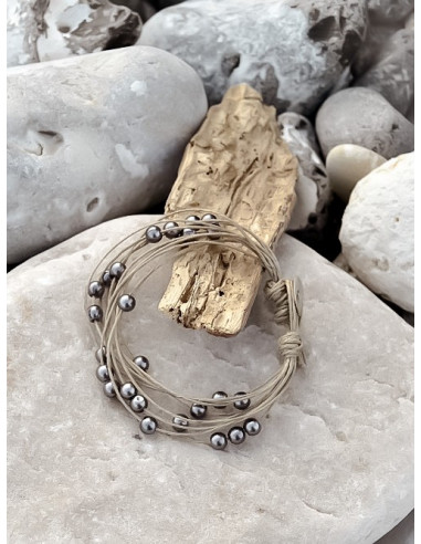 Bracelet en lin et perles gris anthracite foncé, bracelet en ficelle de lin et perles nacrées, bijoux en fil de lin