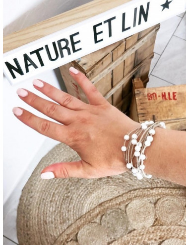 Bracelet en lin et perles blanches, bracelet en ficelle de lin et perles nacrées, bijoux en fil de lin