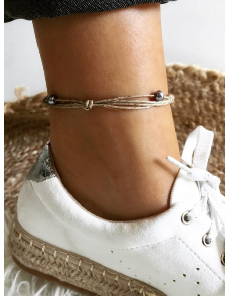 Bracelet de cheville en lin et perles "SUMMER" - Gris anthracite