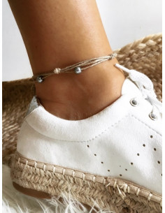 Bracelet de cheville en lin et perles grises nacrees marque française nature et lin pour un style boheme chic