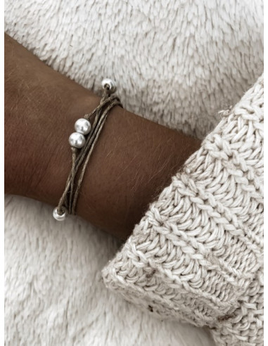 Bracelet en lin "DOUBLE PERLES" - Blanc