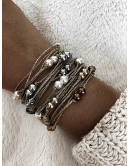 Bracelet en lin et perles "DOUBLE PERLES"  GRISE création artisanale made in france fait main