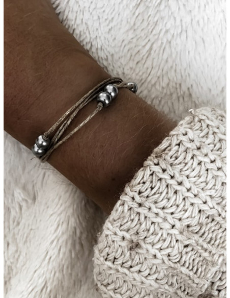 Bracelet en lin et perles "DOUBLE PERLES"  GRISE création artisanale made in france fait main