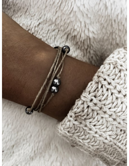 Bracelet en lin et perles "DOUBLE PERLES"  GRISE ANTHRACITE création artisanale made in france fait main