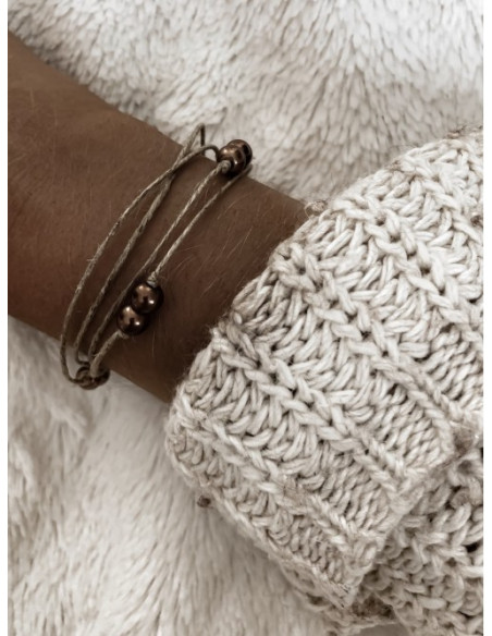 Bracelet en lin et perles "DOUBLE PERLES"  MARRON création artisanale made in france fait main