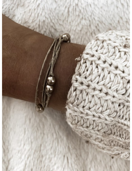 Bracelet en lin et perles "DOUBLE PERLES"  CHAMPAGNE  création artisanale made in france fait main