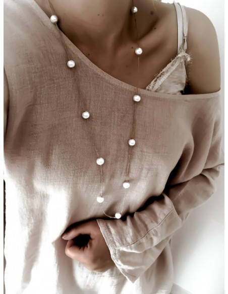 Collier en lin et perles "2 EN 1" sautoir et double rangs - Blanc
