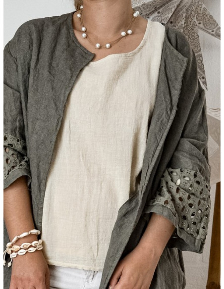 Collier en lin et perles "2 EN 1" sautoir et double rangs - Blanc