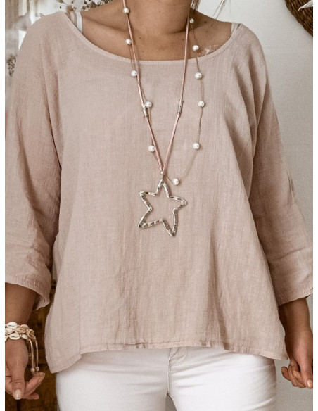 Collier en lin et perles "2 EN 1" sautoir et double rangs - Blanc