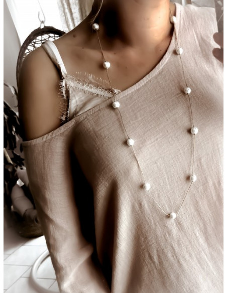 Collier en lin et perles "2 EN 1" sautoir et double rangs - Blanc