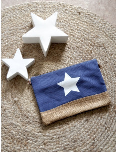 petit sac pochette étoile blanche en toile et paille tressée bleu