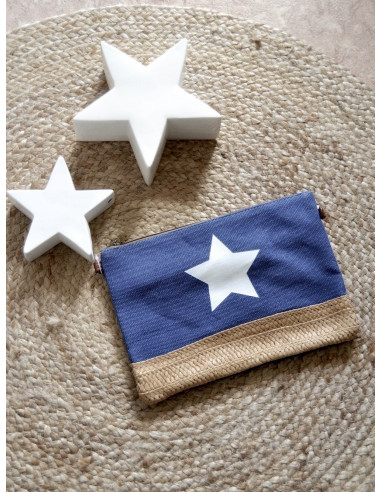 petit sac pochette étoile blanche en toile et paille tressée bleu
