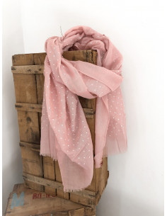 Foulard fluide rose poudré imprimé pois en relief blanc