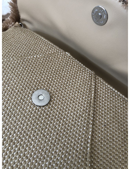 POCHETTE EN TOILE RIGIDE AVEC POMPON ET FRANGES STYLE BOHÈME CHIC BEIGE
