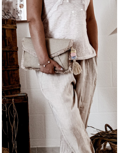 POCHETTE EN TOILE RIGIDE AVEC POMPON ET FRANGES STYLE BOHÈME CHIC BEIGE