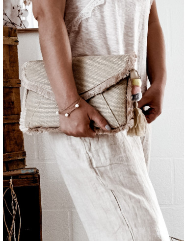 POCHETTE EN TOILE RIGIDE AVEC POMPON ET FRANGES STYLE BOHÈME CHIC BEIGE