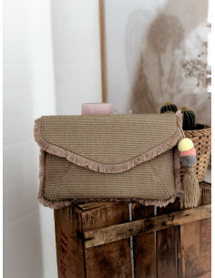 POCHETTE EN TOILE RIGIDE AVEC POMPON ET FRANGES STYLE BOHÈME CHIC BEIGE